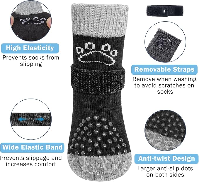 SCENEREAL Dog Socks to Prevent Licking Paws for Hot/Cold Pavement Anti Slip, Dog Shoes for Hardwood Floors, Dog Boots & Paw Protectors with Grippers for Small Medium Large Senior Dogs, Black M