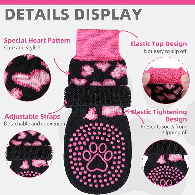 KOOLTAIL Valentines Dog Socks Shoes Costume to Prevent Licking Paws, Winter Dog Boots & Paw Protector for Hardwood Floors Anti Slip,Traction Control Grip Booties for Small Medium Large Senior Dogs, SM