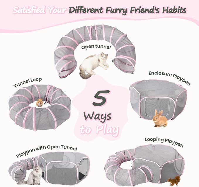 X-ZONE PET Portable Catio Playground, Outdoor Cat Enclosure, Enclosed Tent Playpen Tunnel for Indoor Cats & Small Animals, with Bag Storage 45 Inch Pink