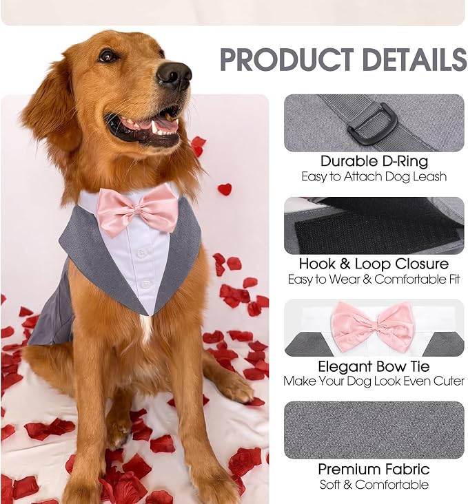 Kuoser Dog Tuxedo Dog Suit and Bandana Set, Dogs Tuxedo Wedding Party Suit, Doggy Prince Bow Tie Shirt Formal Pet Wedding Attire for Large Medium and Small Dogs Golden Retriever Samo Bulldogs | Formal Dog Outfit with Detachable Bowtie Collar for Weddin...