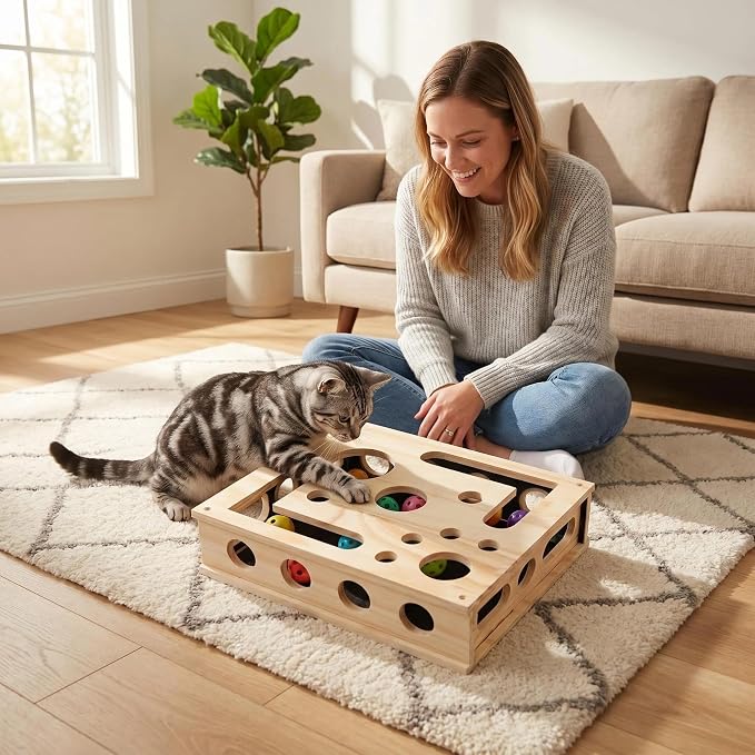 Wooden Cat Scratch Puzzle Enrichment Box, Interactive Cat Nail File Enrichment Box with Sandpaper Inside and Bell Ball, Scratch Puzzle Box for Cat Stress Free Alternative to Clippers and Grinders