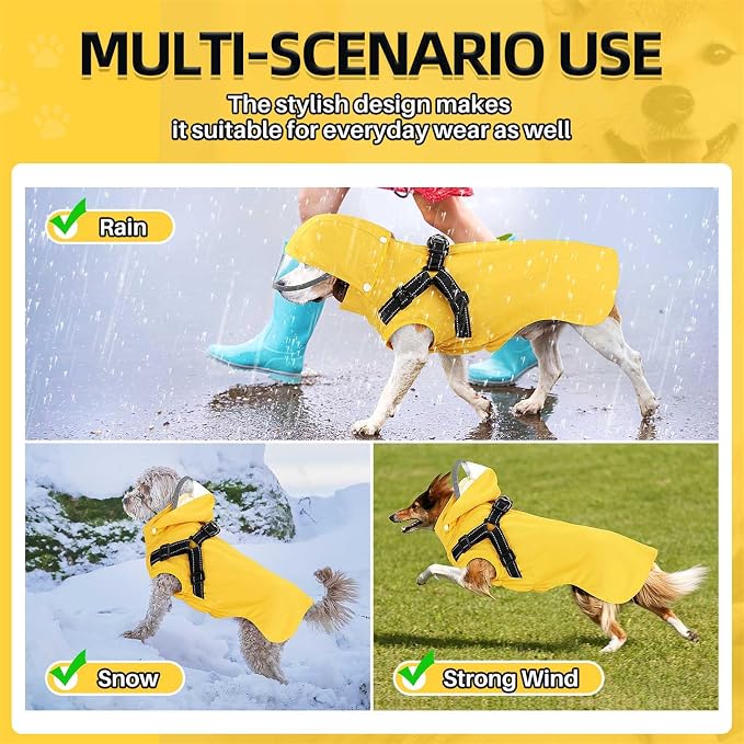 SlowTon Dog Raincoat Waterproof - Dog Rain Jacket with Harness and Hood Lightweight, Reflective Dogs Rain Coat for Large Medium Small Dogs Girl Boy Puppy Poncho Pet Clothes (Yellows)