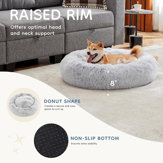 DUMOS 37.4 Inch Donut Dog Bed, Faux Fur Plush, Grey | Machine Washable Cuddler Warming Cozy Fluffy Faux Fur Plush Round Pet Bed, Anti-Slip Bed for Indoor Dogs and Cats