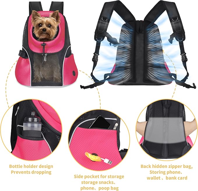 WOYYHO Pet Dog Carrier Backpack, Ventilated Mesh Small Dog Front Backpack | Breathable Puppy Back Pack, with Safety Belt, Storage Pockets, for Travel Hiking Cycling Outdoor Adventures, Rethink Pink, S