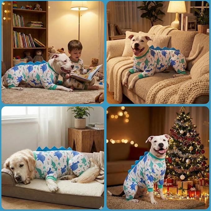 LovinPet Large Dog Pajamas, Four-Leg Stretch Onesie Bodysuit, Lightweight UV-Shielding Pajamas, Anti-Lick Calming Recovery Suit for Surgery, Pull-On for Medium and Large Breeds,White Blue,3XL