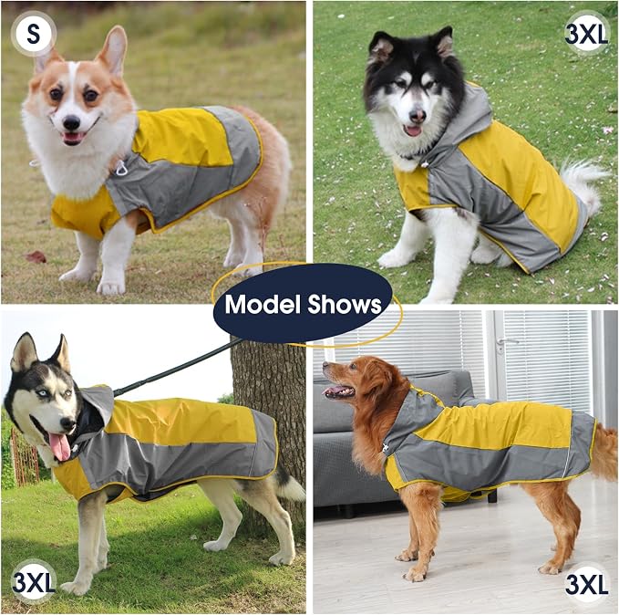 IECOii Hooded Dog Raincoat,Reflective Large Dog Rain Poncho,Ensure Safety in Low - Light Conditions, Adjustable Fit with Magic Sticker,Lightweight Waterproof Pet Rain Coat,Yellow,XXL