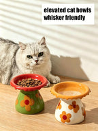Mushroom Elevated Cat Bowls Ceramic, Cute Cat Bowls Whisker Fatigue | Raised Cat Bowl for Indoor Cats, Raised Dog Bowls Stand for Food and Water, Red 5.8" Wide for Adult Cats