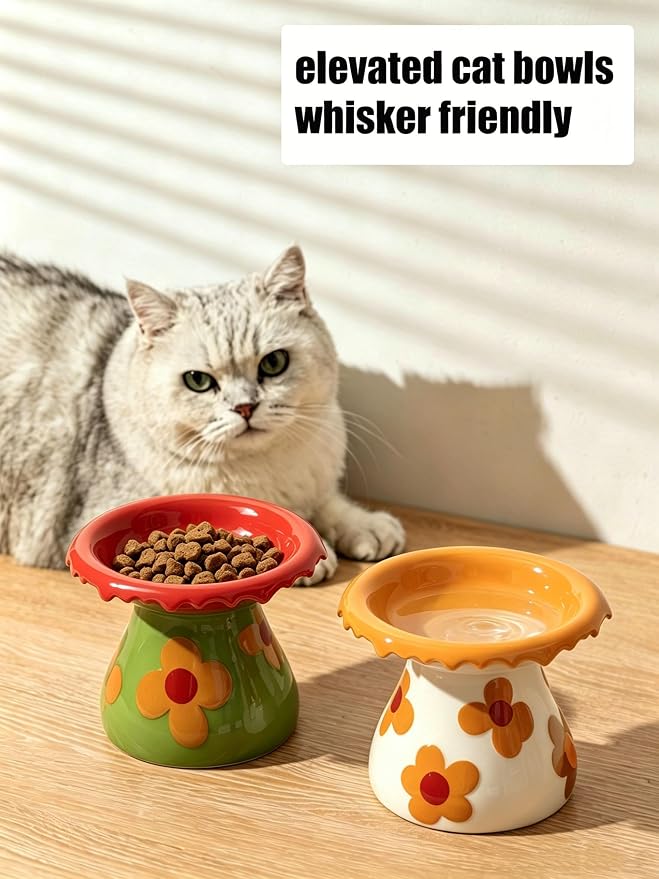 Mushroom Elevated Cat Bowls Ceramic, Cute Cat Bowls Whisker Fatigue | Raised Cat Bowl for Indoor Cats, Raised Dog Bowls Stand for Food and Water, Orange 5.8" Wide for Adult Cats