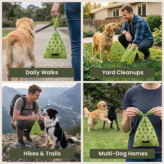 Pogi's Dog Poop Bags with Handles, Thick & Leak-Proof, Unscented, 300 Bags | Large dog waste bags with easy-tie handles that knot shut fast and one-handed. Thick and leak-proof, 9 x 13 in