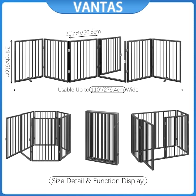 Vantas 120" x 24" Foldable Freestanding Extra Wide Dog Gate with Door,Black | Pet Gate for Stairs and Doorways, Renter Friendly No Drill, Indoor Pet Fence Extra Wide, Easy Storage, With Support Feet