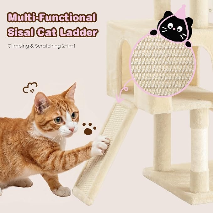 SHA CERLIN 82 inch Cat Tree Tower, Multi-Level Cat Condo with Plush Perches, Sisal Scratching Posts, Hammock and Toys, Stable Cat Tower for Kittens and Adult Cats, Beige