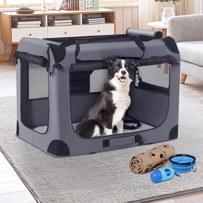 Petprsco Portable Dog Crates for Medium Dogs，32 inch Soft Travel Dog Crate | Collapsible Soft Dog Crate 32"x23"x23" for Medium/Large Dogs with Plush Mat, Fleece Blanket & Foldable Bowl, Indoor/Outdoor