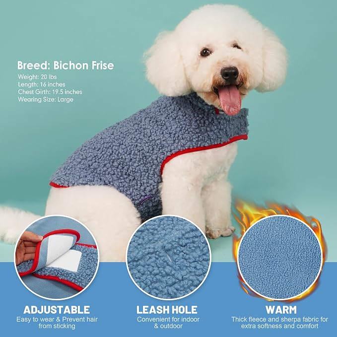 cyeollo Warm Dog Coat, Reversible Fleece Vest Dog Jacket for Winter Sherpa Turtleneck Pet Clothes Puppy Jackets Cold Weather Doggie Coats for Small Dogs, Blue S