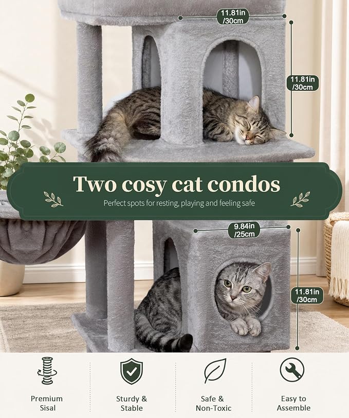 68 Inches Heavy Duty Cat Tree for Indoor Cat, Big Cat Tower | Cat Houses & Tree Tower with 2 Condos, Sisal Scratching Posts & Large Platform for Indoor Cats Large Adult, Grey