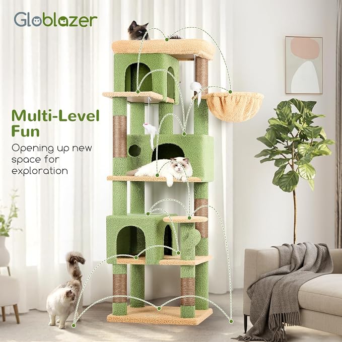 Globlazer F66 Cactus Corner Cat Tree, 66in Multi-Level Climbing Tower | Kitty Condos Cat Scratching Tower for Indoor Multiple Cats with Large Platform, 3 Cat Caves, Hanging Basket