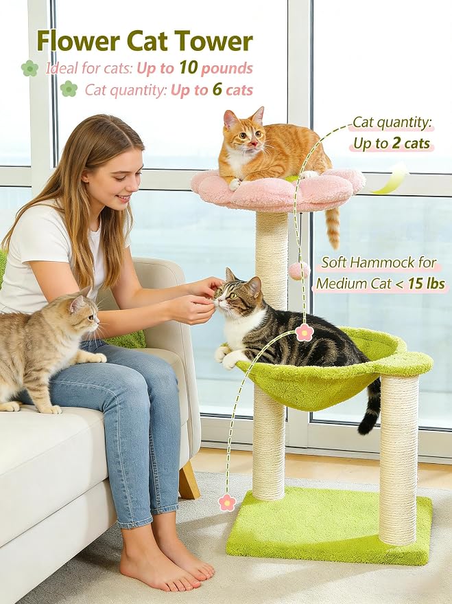 MUTTROS Flower Cat Tree, 28" Cat Tower with Cozy Flower Perch, Large Hammock for Indoor Small Cats, Cute Cat Tree with Sisal Scratching Post and Fur Toy Ball for Kittens, Pink | Plush flower perch, Metal frame hammock, Sisal post, Fluffy toy ball, Thic...
