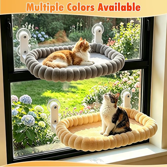 IPOW Cat Window Perch Cordless Foldable Cat Hammock Bed for Window with 4-Sided Bolster, Sturdy Metal Frame & Strong Suction Cups Window Hammock for Large Cats and Kittens