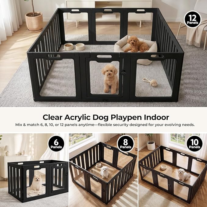 Soulbond Clear Acrylic Dog Playpen Indoor (24 Inch, Black, 12 Panels) | Non-Slip,Tool-Free Assembly, External Door Lock Play Pen for Puppies and Small Dogs