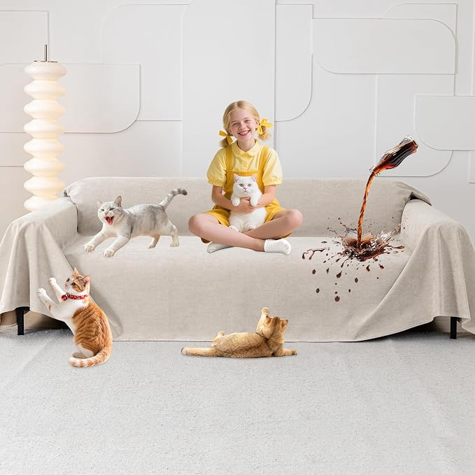 Loiion Cat Scratch Proof Furniture Protector Waterproof Sofa Cover 150"x91" | Pet-Friendly Couch Protector, Anti-Scratch & Anti-Slip Sofa Cover For Cats Dogs Kids, Machine Washable