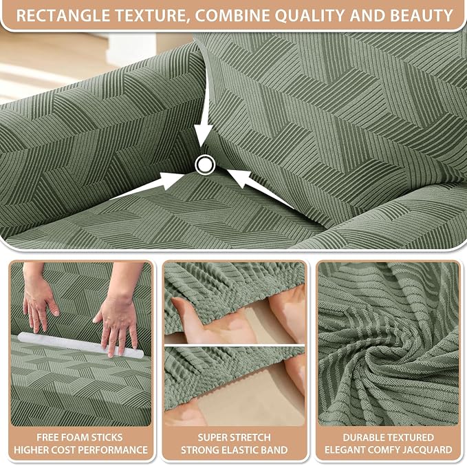 ZNSAYOTX Stretch Couch Covers for 2 Cushion Couch, 1-Piece Loveseat Covers Sofa Slipcover, Furniture Protector with Elastic Bottom for Dogs Geometrical Jacquard Fabric (Medium, Army Green)