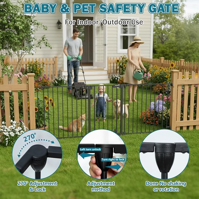 Mumeasy 80" Extra Wide Baby Gate for Doorways & Stairs, Dog Gate Indoor | Hardware Mounted Pet Gate, Auto Close Walk Thru Door, Large Child Safety Fence for Outdoor, Deck, Yard, 3 Metal Panels, Black