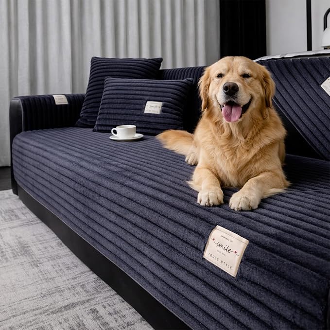 Couch Cover for Dogs, Washable Non Slip Sofa Cover for 3 Cushion Couch, Thick Corduroy Couch Protector, Pet Friendly Furniture Slipcover for Cats Dogs, Dark Gray