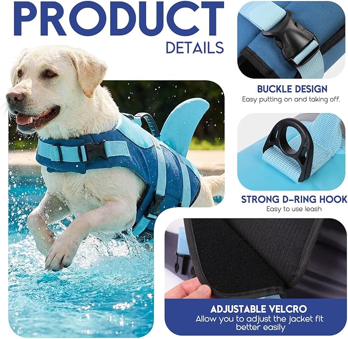 ASENKU Dog Life Jacket - Pet Safety Vest for Swimming & Boating, Shark Life Jacket with Floatation, Dog Lifesavers Swimsuits for Small Medium Large Dogs (Deepblue, S)
