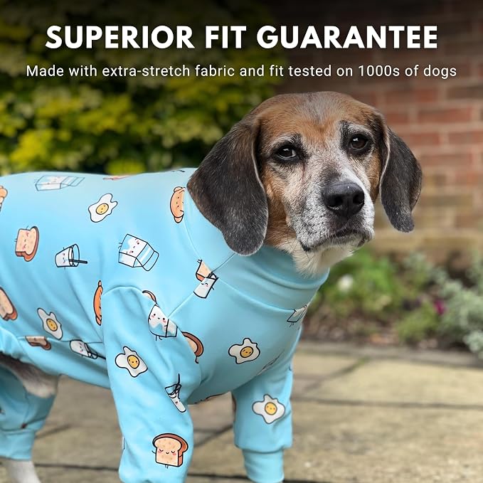 Spark Paws Dog Pajama, Dog Recovery Suit Male, Onesie, Ultra-Soft and 4-Way Stretch, for Small Medium and Large Breeds - Breakfast Blue - 5XL