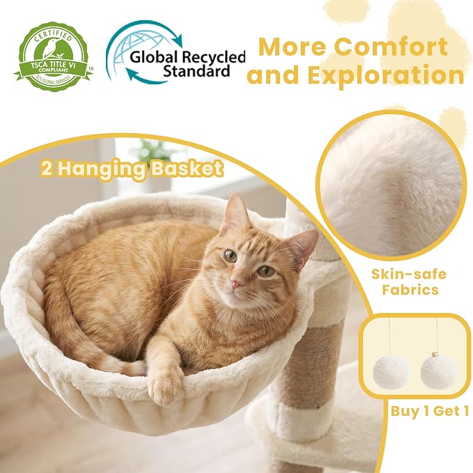 Cat Tree, 73-Inch Sturdy Corner Cat Tower for Large Cat VCT021MJ | Cat Furniture with Wide Top Perch, 2 Spacious Condos, 2 Cozy Baskets, 2 Scratching Boards & Interactive Toy, Beige
