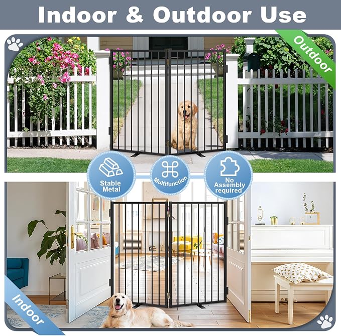 Metal Freestanding Dog Gates with Door for Outdoor Indoor,Extra Wide Tall Free Standing Dog Gate for Doorways,Large Openings,Deck,Yard,Porch,Foldable Safety Pet Fence (Black, 【2 Panels】 32''H*40''W)