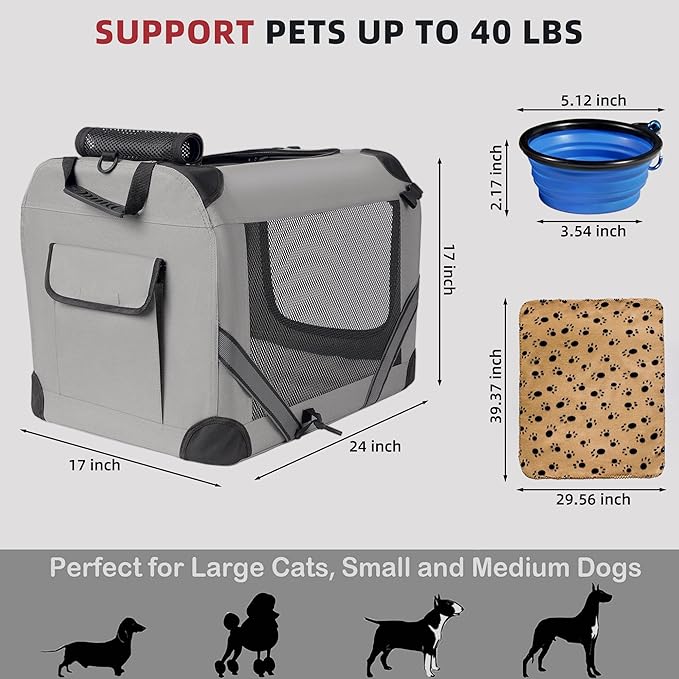 Petprsco Large Cat Carrier for 2 Cats/Small Dogs, Soft-Sided for Car Travel | Soft Pet Carrier 24"x17"x17" for Large Cats & Small/Medium Dogs 20+ lbs with Warm Blanket Foldable Bowl and Washable Pad