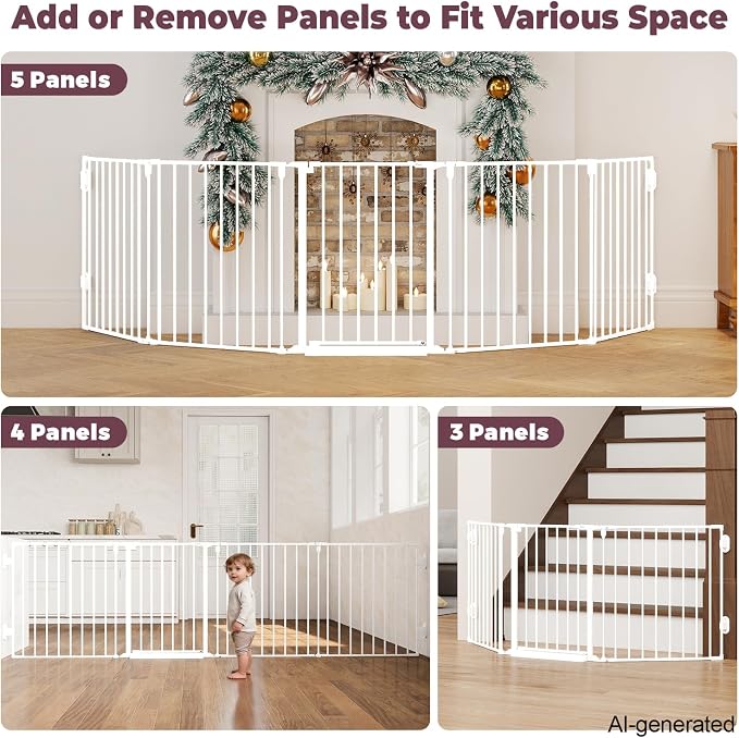 127.5" Wide Configurable Baby Gate for Fireplace Christmas Tree | Extra Wide Child Gate for Large Openings with Anti-Trip Pedal, Long Kid Gate for Dog Pet, 28'' Tall 5 Metal Panels White