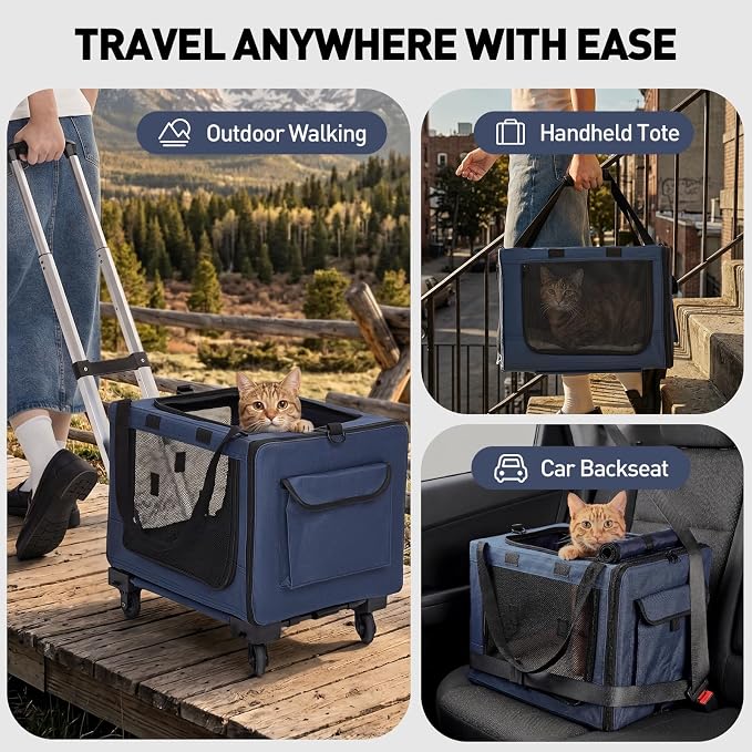 17in Wheeled Expandable Cat Carrier for Cats Small Dogs,Blue | elescopic rod, expandable side room, foldable breathable mesh, portable carrier for indoor & outdoor pet travel