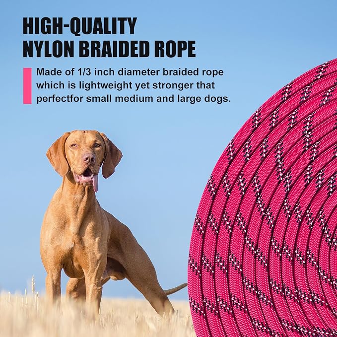 lynxking Long Dog Leash Reflective 15ft 30ft 50ft Check Cord Training Lead Padded Handle Heavy Duty Rope for Puppy Small Medium Large Dogs (Pink, 30ft x 3/8inch)