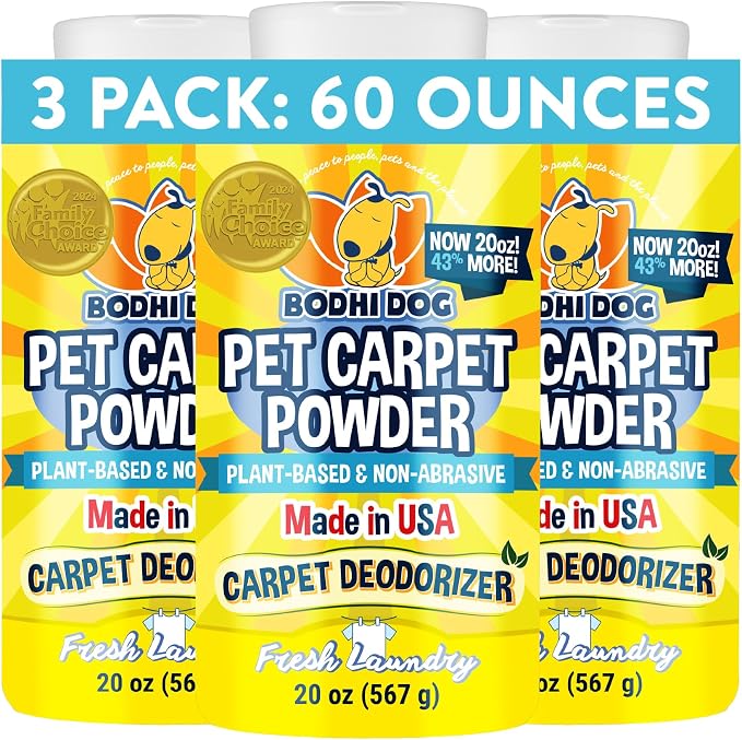 Bodhi Dog Natural Carpet Deodorizer Powder - Dry Pet Smell Eliminator & Urine Odor Remover - Loosens Fur & Dirt - Plant-Based Room Freshener for Vacuuming Home with Pets - Fresh Laundry (Pack of 3)