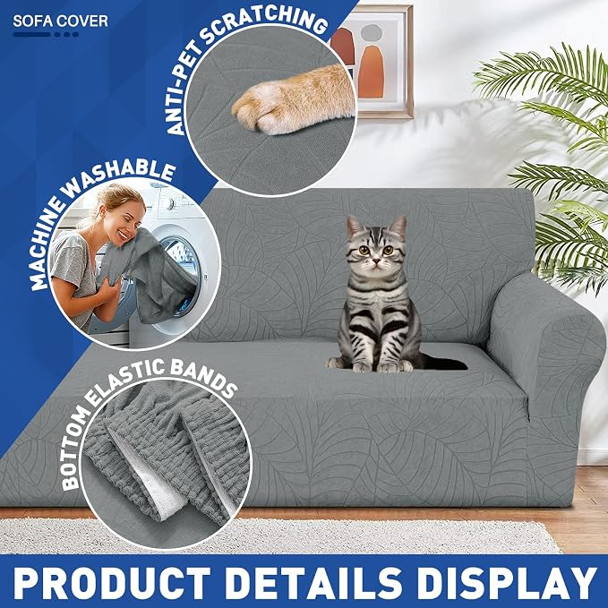 YEMYHOM Couch Cover Latest Jacquard Design High Stretch Extra Large Sofa Covers Pet Dog Cat Proof Oversized Slipcover Non Slip Magic Elastic Furniture Protector (X-Large, Begonia Leaf Dark Gray)