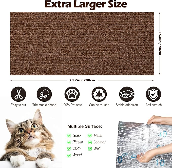 Cat Scratch Furniture Protector, 78.7"x15.8" Cat Scratch Pad for Couch | Trimmable Self-Adhesive DIY Sofa Wall Cats Tower Mat, Replacement Pads from Pet Claws, Dark Brown