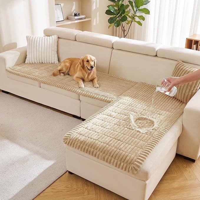 FUANGUI 2 Pack Waterproof Couch Cover for Dogs Pets Sofa Protector | Non-Slip Washable Fuzzy Soft Sofa Slipcover for 2 PCS L Shaped Sofa Pet Friendly, 27.6" x 70.9"+27.6" x 82.7",Khaki