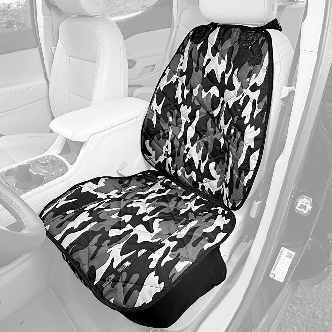 4Knines Heavy Duty Front Bucket Seat Cover for Dogs, Waterproof, Camo | Heavy-duty 600D polyester + K9-Shield waterproof protection. Fits captain & bucket seats. Nonslip. Easy install & clean.