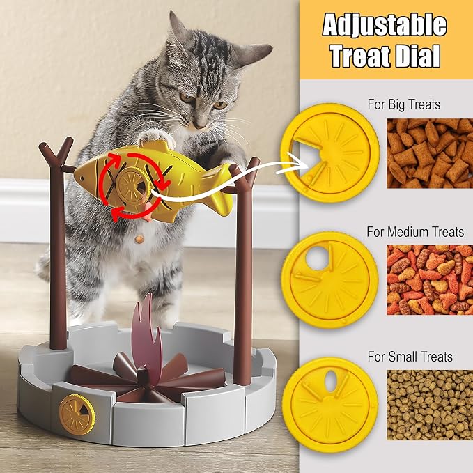 PetPals Cat Slow Feeder Treat Dispenser Interactive Cat Puzzle Fish Toy | Dry Food Dispensing Cat Toy for Small Pets & Kittens, Mental Stimulation Cat Feeding Toy Campfire Theme BBQ Fish Cat Toy