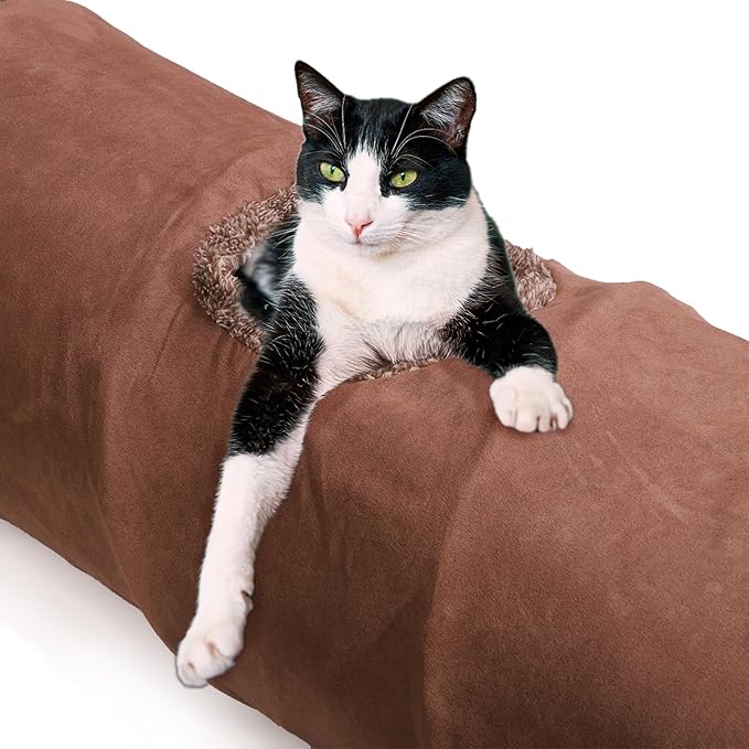 51"x 12" Collasiple Cat Play Tunnel, Cats Tubes and Tunnels, Cat Foldable Hide and Seek Tunnel Toy, Brown Suede Pet Tube Toy for Rabbits, Ferrets, Puppy, Diameter 12 Inch