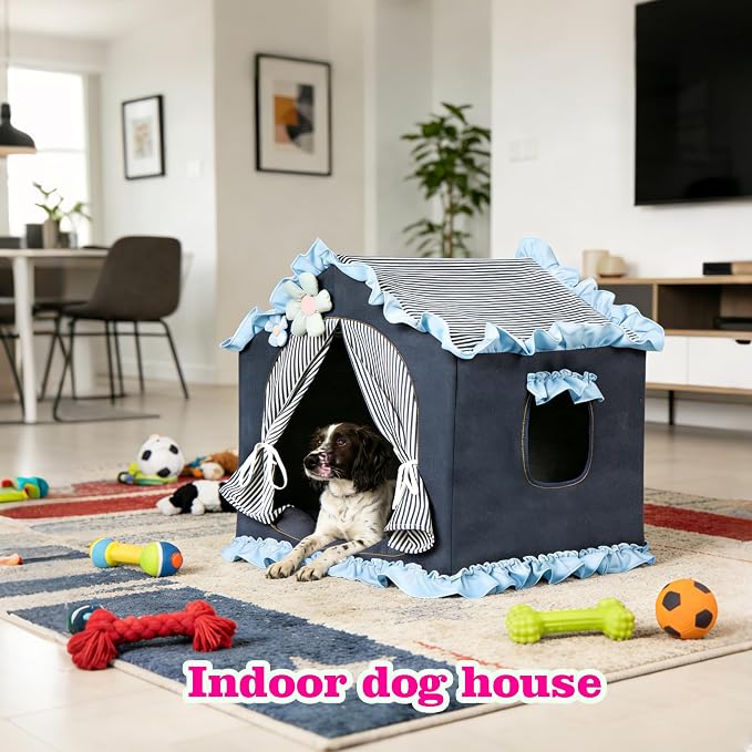 Denim Blue Indoor Dog House with Frame and Princess Style Cat Houses for Indoor Cats, Breathable Washable Cat Bed & Cat Tent, M Size (17×17×17 Inches) for 8-20 lbs. Pets.