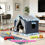 Denim Blue Indoor Dog House with Frame and Princess Style Cat Houses for Indoor Cats, Breathable Washable Cat Bed & Cat Tent, M Size (17×17×17 Inches) for 8-20 lbs. Pets.