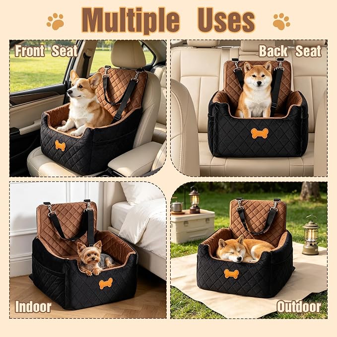 Dog Car Seat for Small Dogs, Dog Booster Seat Filling in Thick Memory Foam with 2 Safety Leashes and Storage Pocket, Suitable for Pet Under 30lb or 2 Puppies (Brown/Black)