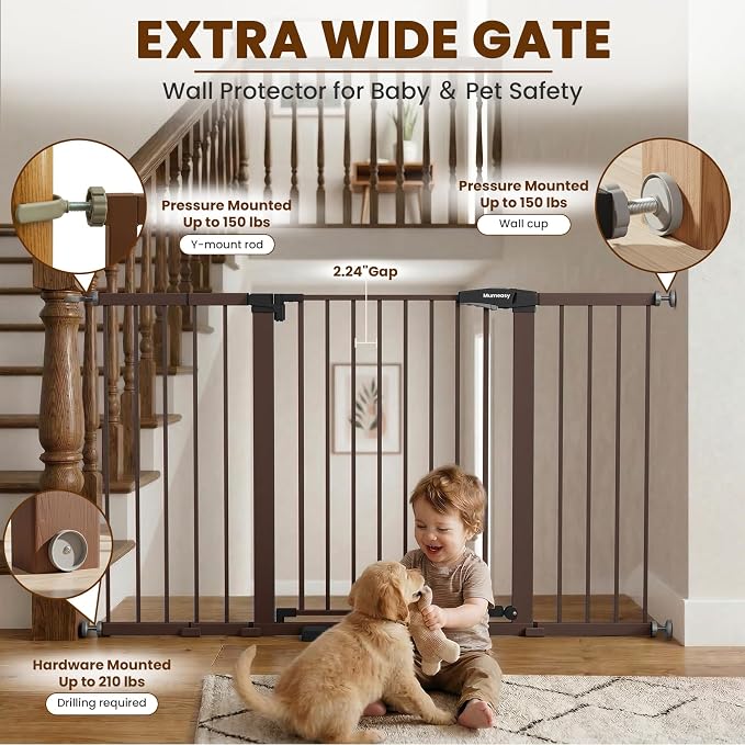 Mumeasy 29.7-57" Extra Wide Baby Gate, Auto Close Large Dog Gate for Doorways, No Drilling Pressure Mounted Pet Safety Gate for Stairs, Easy Walk Through Child Gate for Hallways, House, Indoor, Brown