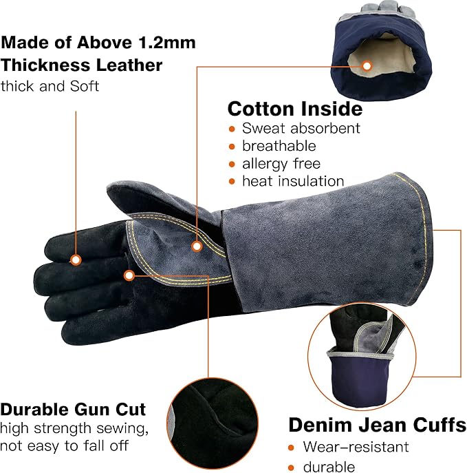 WZQH 14 In,932℉,Welding Gloves,Fireplace Glove,Fire & Heat Resistant,S | Mitt for BBQ,Oven,Grill,Tig,Mig,Baking,Furnace,Stove,Pot Holder,Animal Handling Glove, Forge,etc.Leather,Small,Black-gray