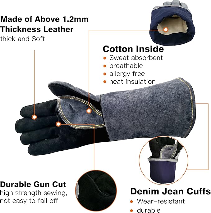 WZQH 14 In,932℉,Welding Gloves,Fireplace Glove,Fire & Heat Resistant,M | Mitt for BBQ,Oven,Grill,Tig,Mig,Baking,Furnace,Stove,Pot Holder,Animal Handling Glove, Forge,etc.Leather,Medium,Black-gray