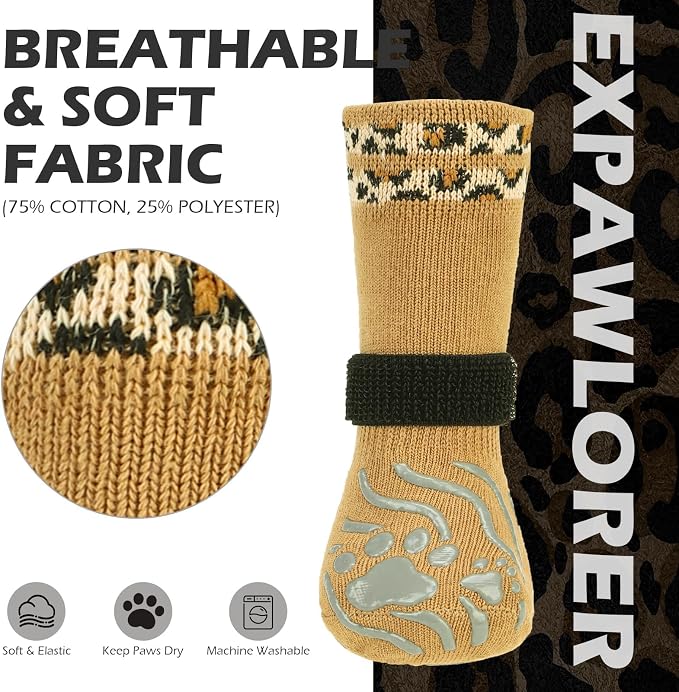 EXPAWLORER Dog Socks for Summer Hot Pavement to Prevent Licking Paws, Anti Slip Doggie Grippy Booties Shoes for Hardwood Floors, Boots & Paw Protectors for Small Medium Large Senior Dogs Khaki XL