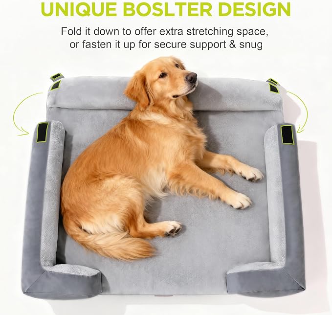 Waterproof Orthopedic Dog Bed for Extra Large Sized Dogs | Memory Foam Pet Bed Sofa with Bolster, Dog Couch with Washable Cover & Non-Slip Bottom, 48x30 Inch, Grey