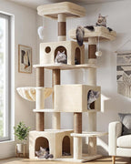 Globlazer F71 Cat Tree Tall, 71in Cat Tower for Indoor Cats, Beige | Multi-Level 3 Condos for Indoor Cats, XL Cat Tree Tower with Scratching Posts, Soft Extra Large Hanging Basket